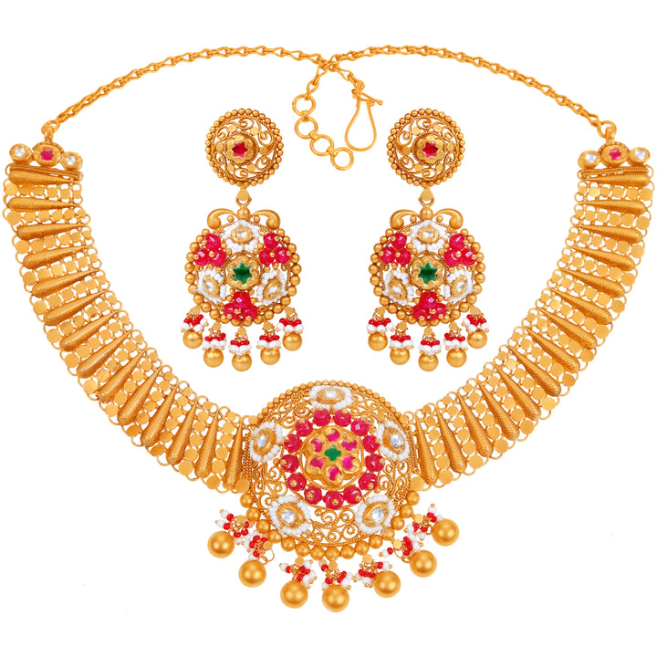 Stunning Antique Necklace Set With Kundan & Gemstones in 22K Gold