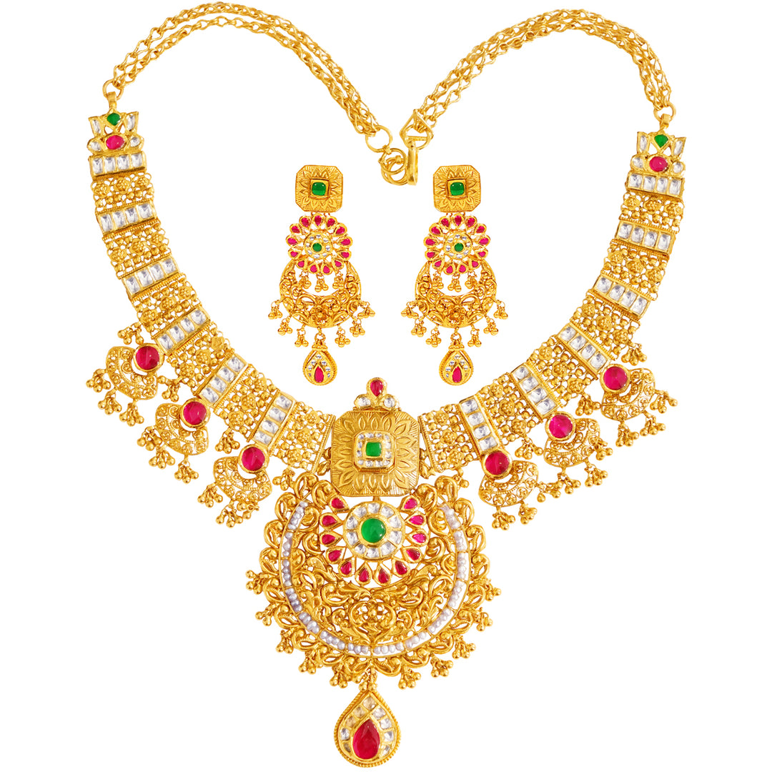 Sophisticated Antique Necklace Set With Kundan & Gemstones in 22K Gold