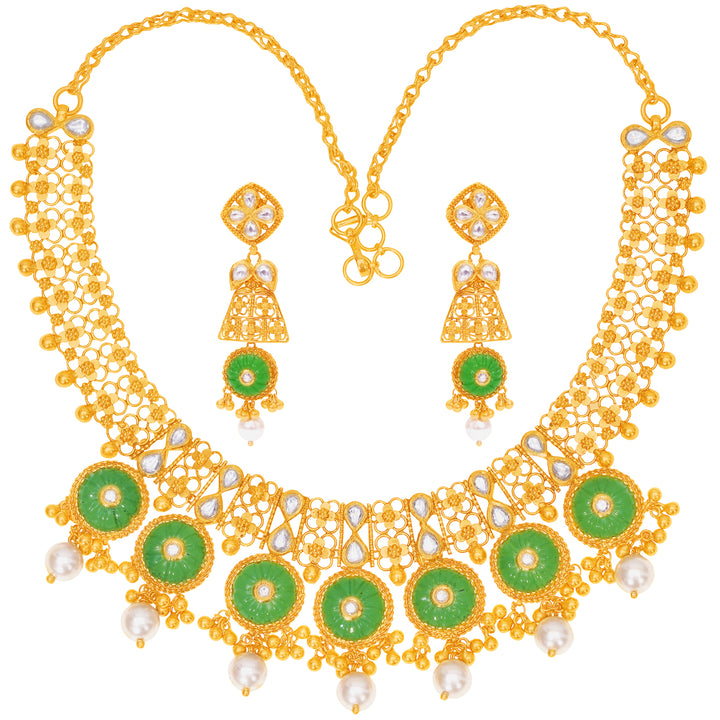 Ravishing Antique Necklace Set With Kundan & Gemstones in 22K Gold