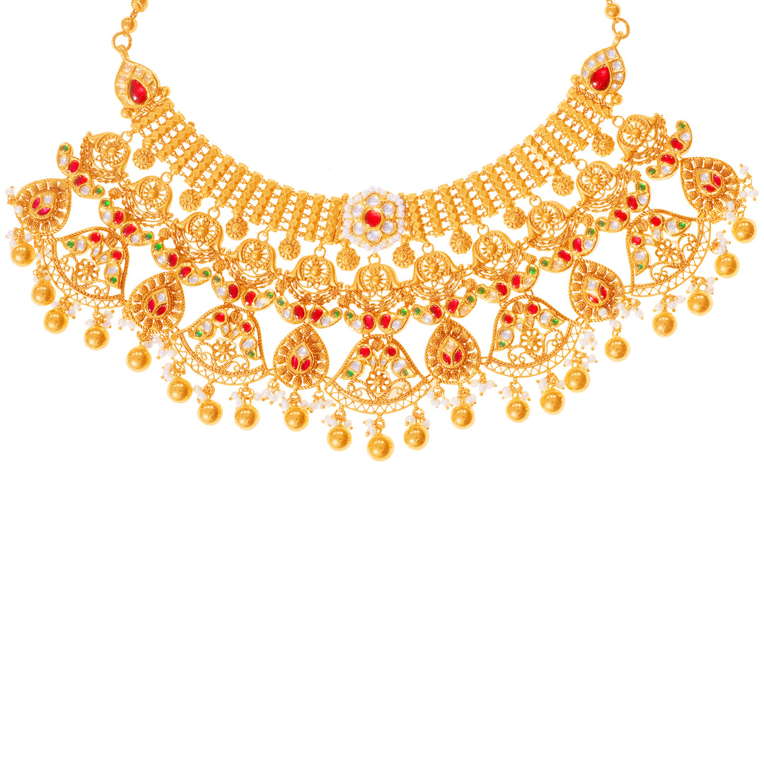 Artistic Antique Necklace Set With Kundan & Gemstones in 22K Gold