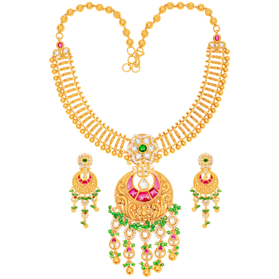 Ravishing Antique Necklace Set With Kundan & Gemstones in 22K Gold