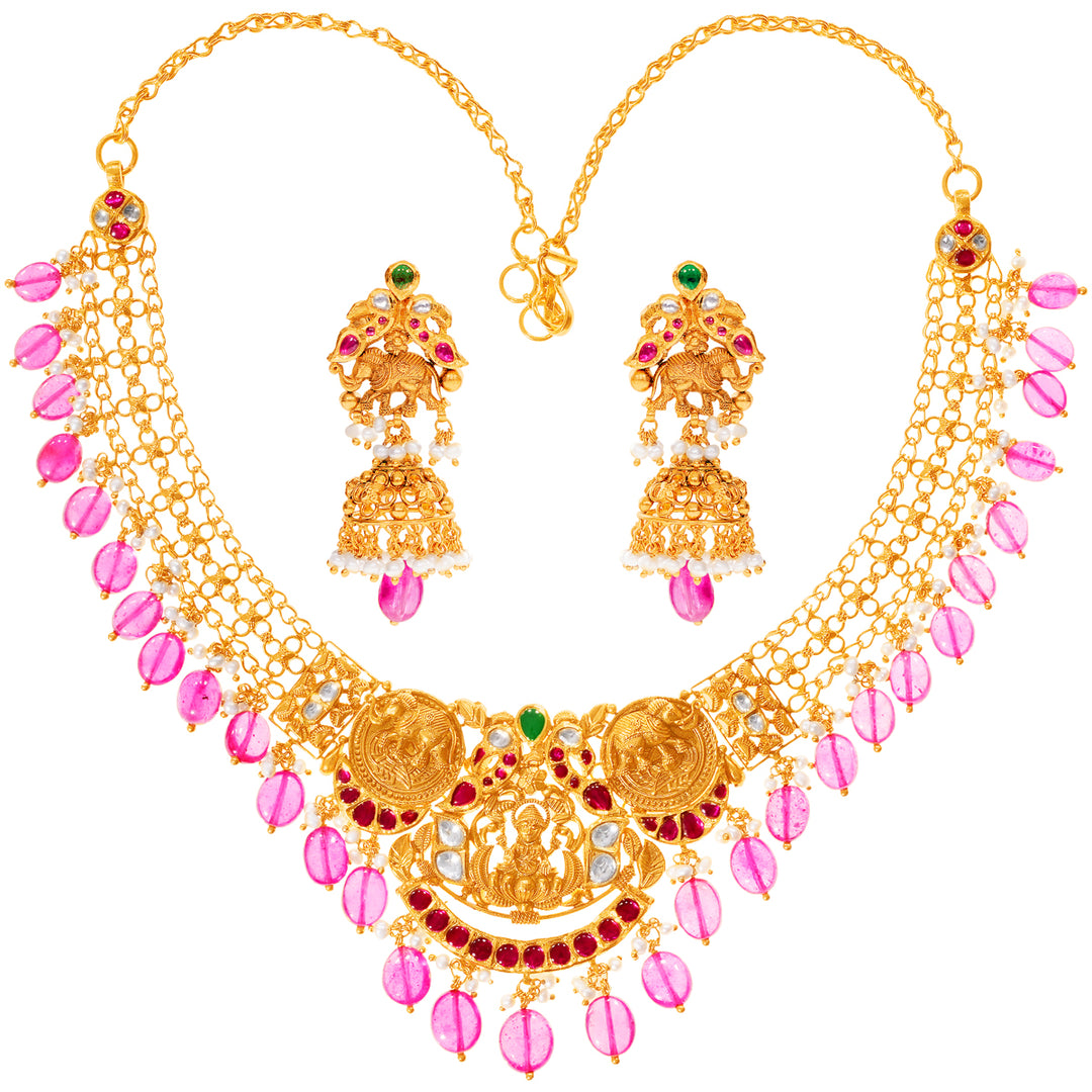 Intriguing Laxmi Antique Necklace Set With Kundan & Gemstones in 22K Gold