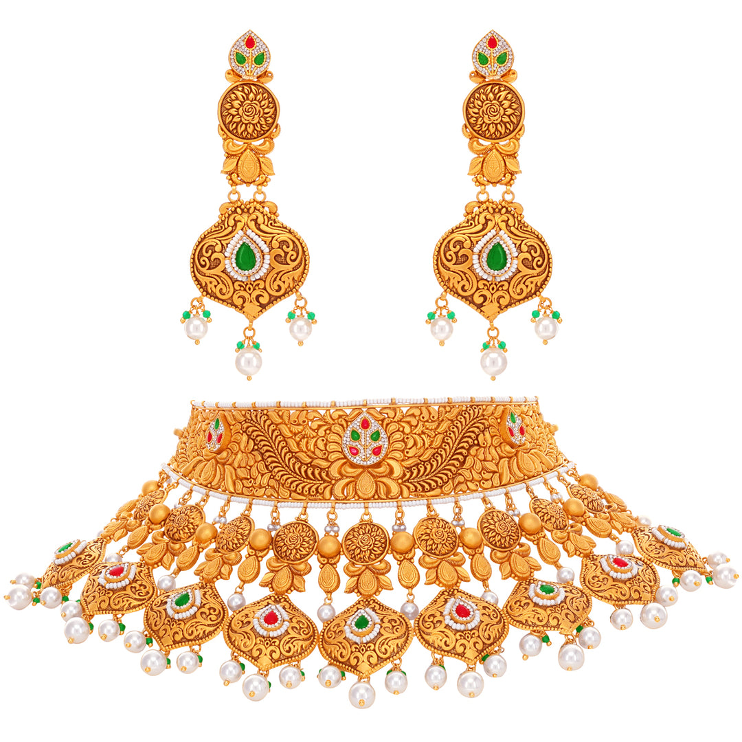 Ravishing Antique Choker Set & Maang Tikka With Gemstones in 22K Gold