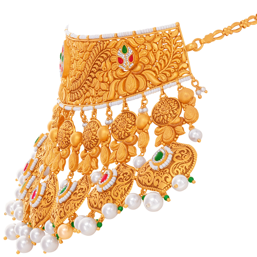 Ravishing Antique Choker Set & Maang Tikka With Gemstones in 22K Gold