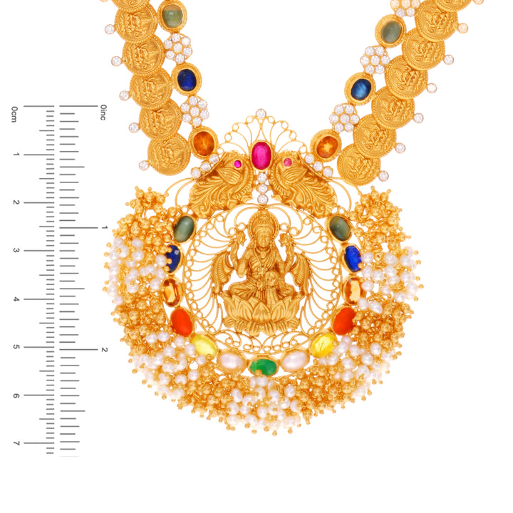 Intricate Antique Laxmi Coin Patta Haaram With Navratan in 22K Gold