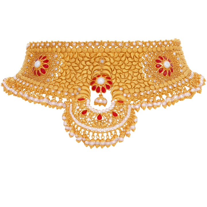 Intriguing Antique Choker Set With Ruby Pearl & Polki in 22K Gold