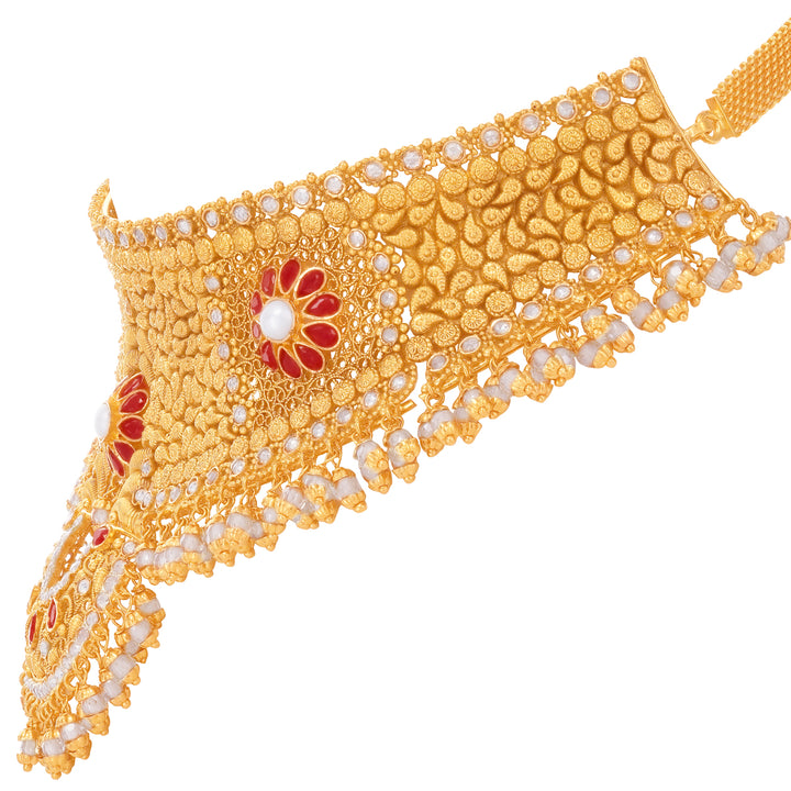 Intriguing Antique Choker Set With Ruby Pearl & Polki in 22K Gold