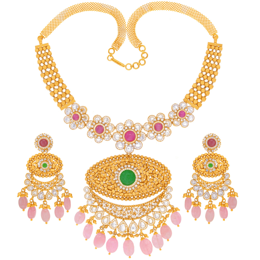 Precious Antique Necklace Set With Kundan & Gemstones in 22K Gold