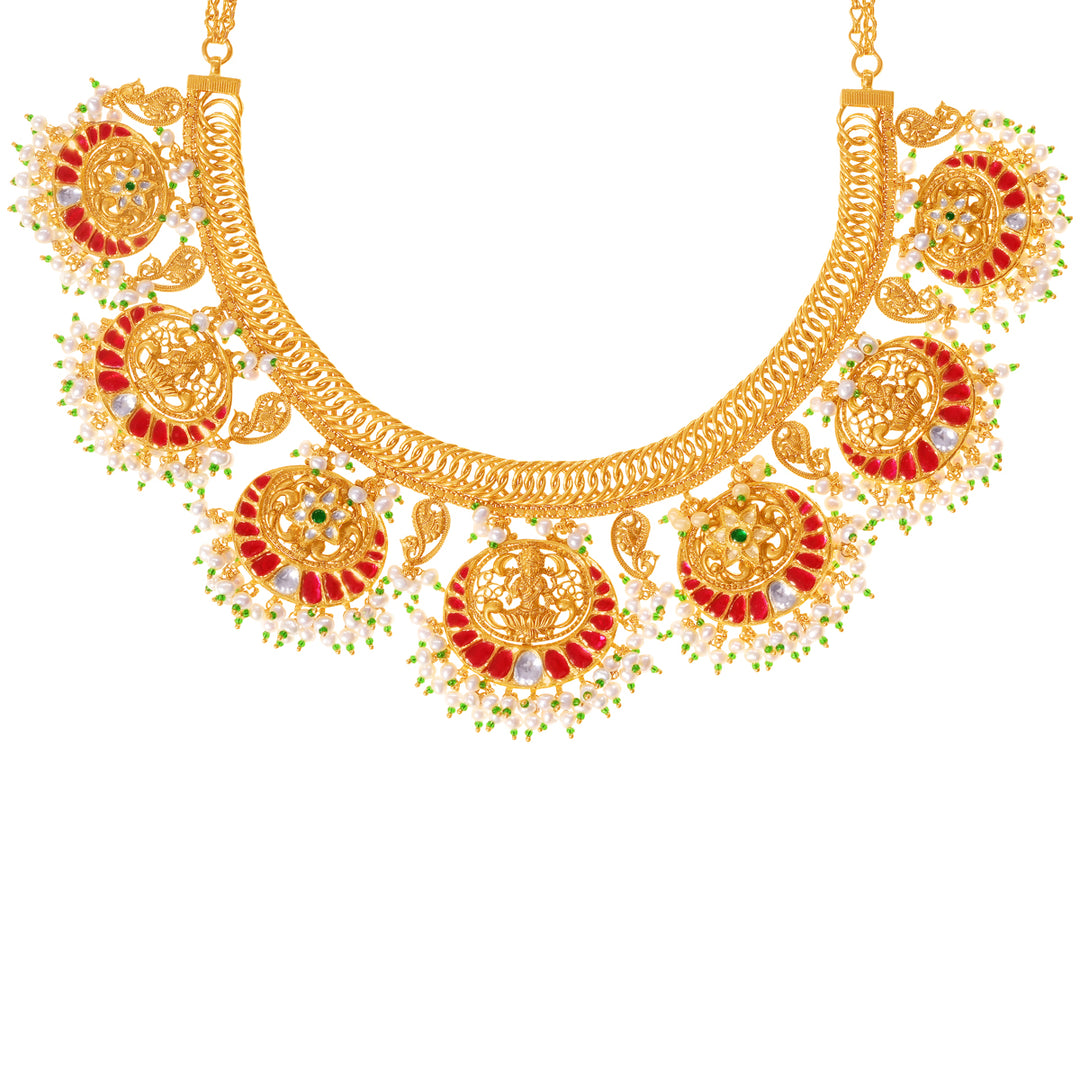 Fascinating Laxmi Antique Necklace Set With Kundan & Gemstones in 22K Gold