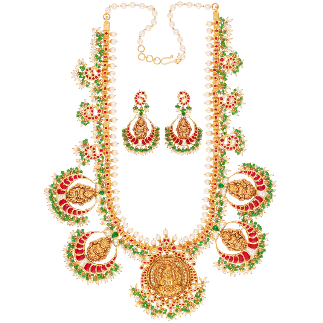 Classic Antique Laxmi Gutta Pusalu Necklace Set With Kundan & Gemstones in 22K Gold