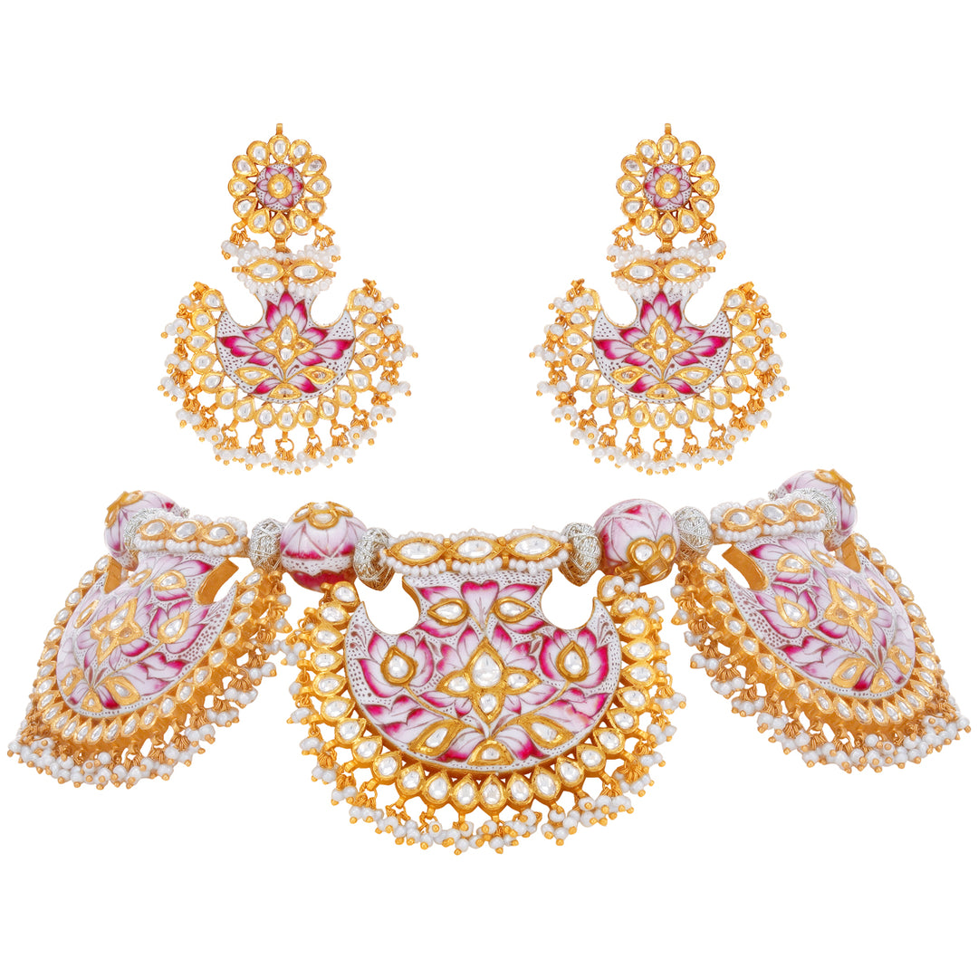 Delightful Minakari Necklace Set With Kundan & Gemstones in 22K Gold