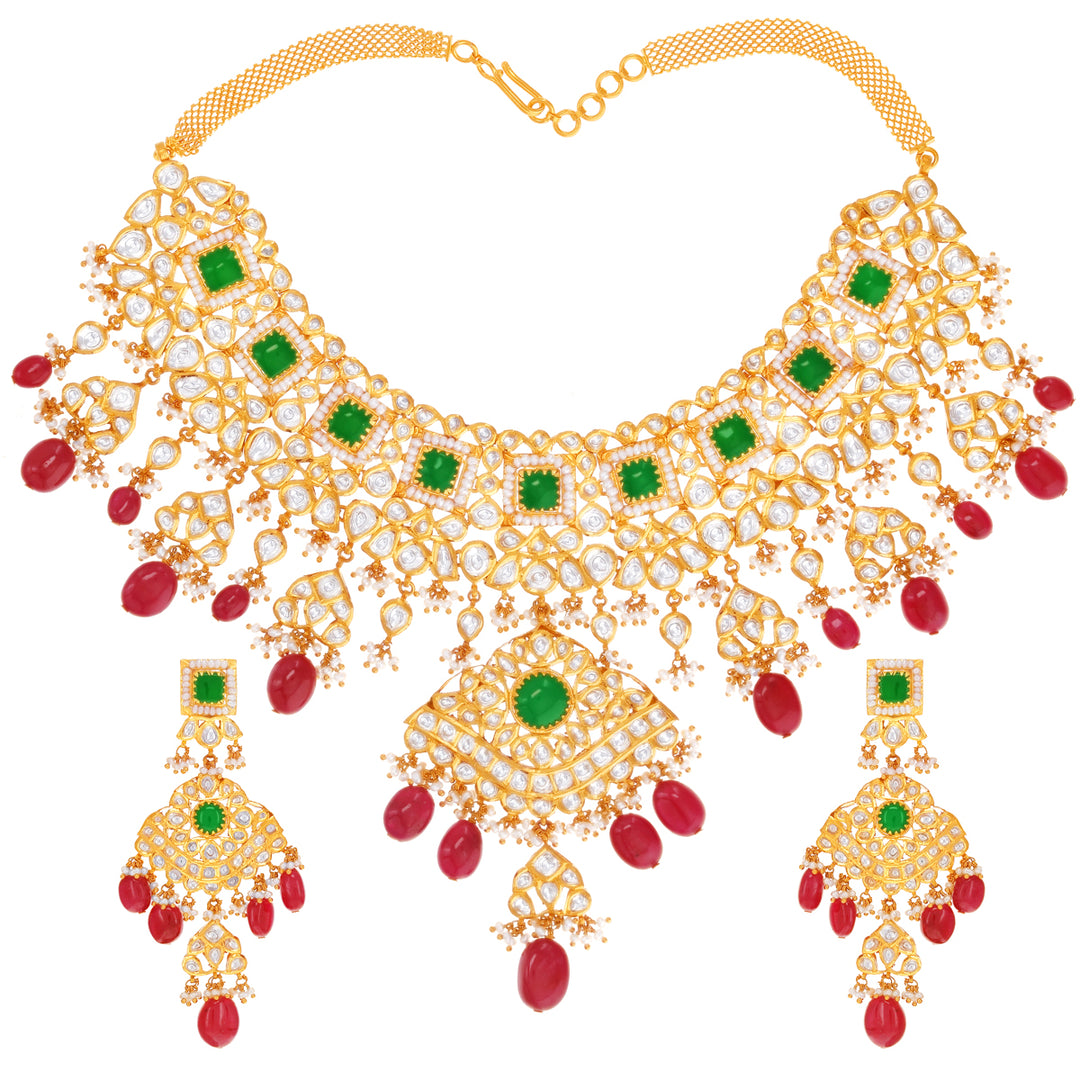 Artistic Antique Necklace Set With Kundan & Gemstones in 22K Gold