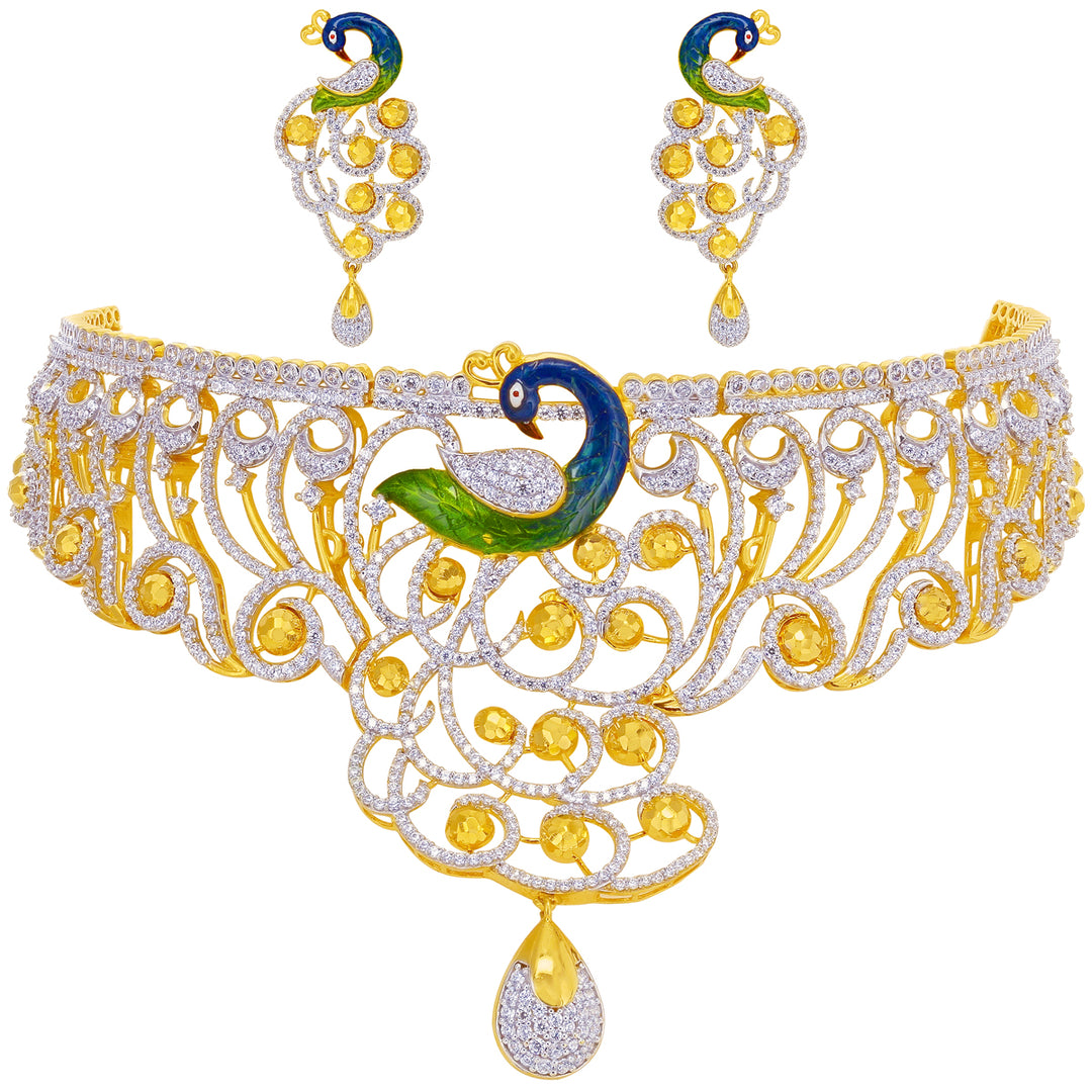 Brilliant Minakari Peacock Choker Set With CZ in 22K Gold