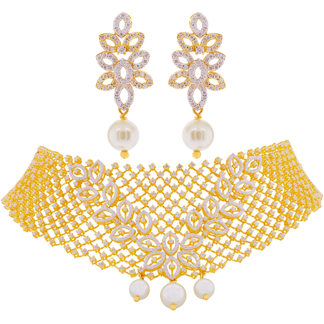 Artisan Necklace Set with CZ & Pearl in 22K Gold