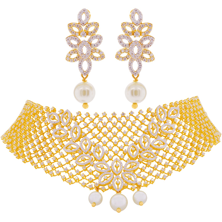Artisan Necklace Set with CZ & Pearl in 22K Gold