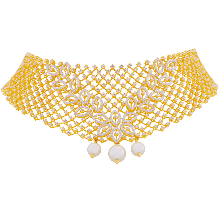 Artisan Necklace Set with CZ & Pearl in 22K Gold