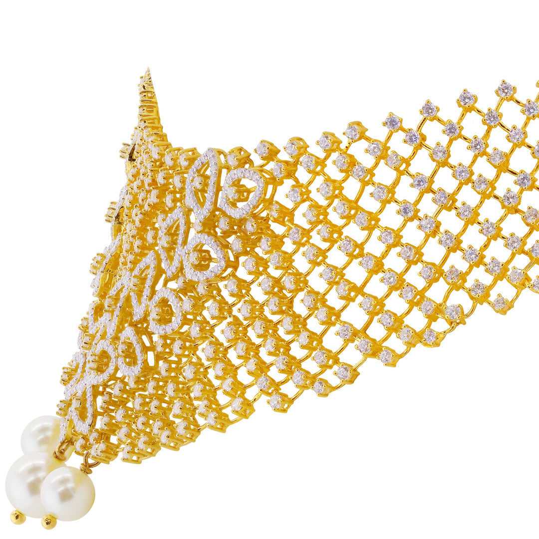 Artisan Necklace Set with CZ & Pearl in 22K Gold