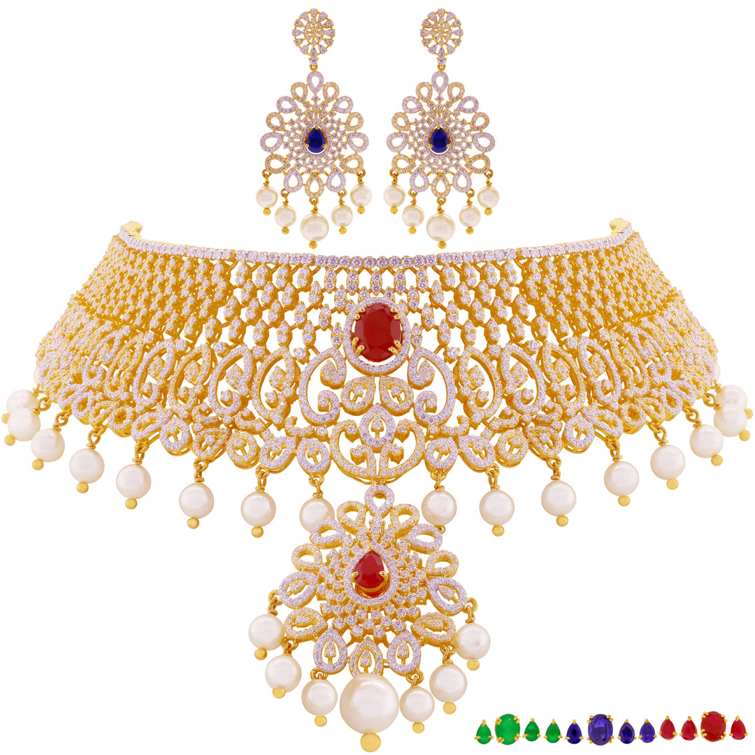 Classic Necklace Set with Changeable Gemstones in 22K Gold