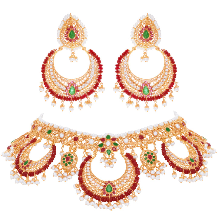 Ravishing Antique Necklace Set With Ruby Emerald & Pearl in 22K Gold