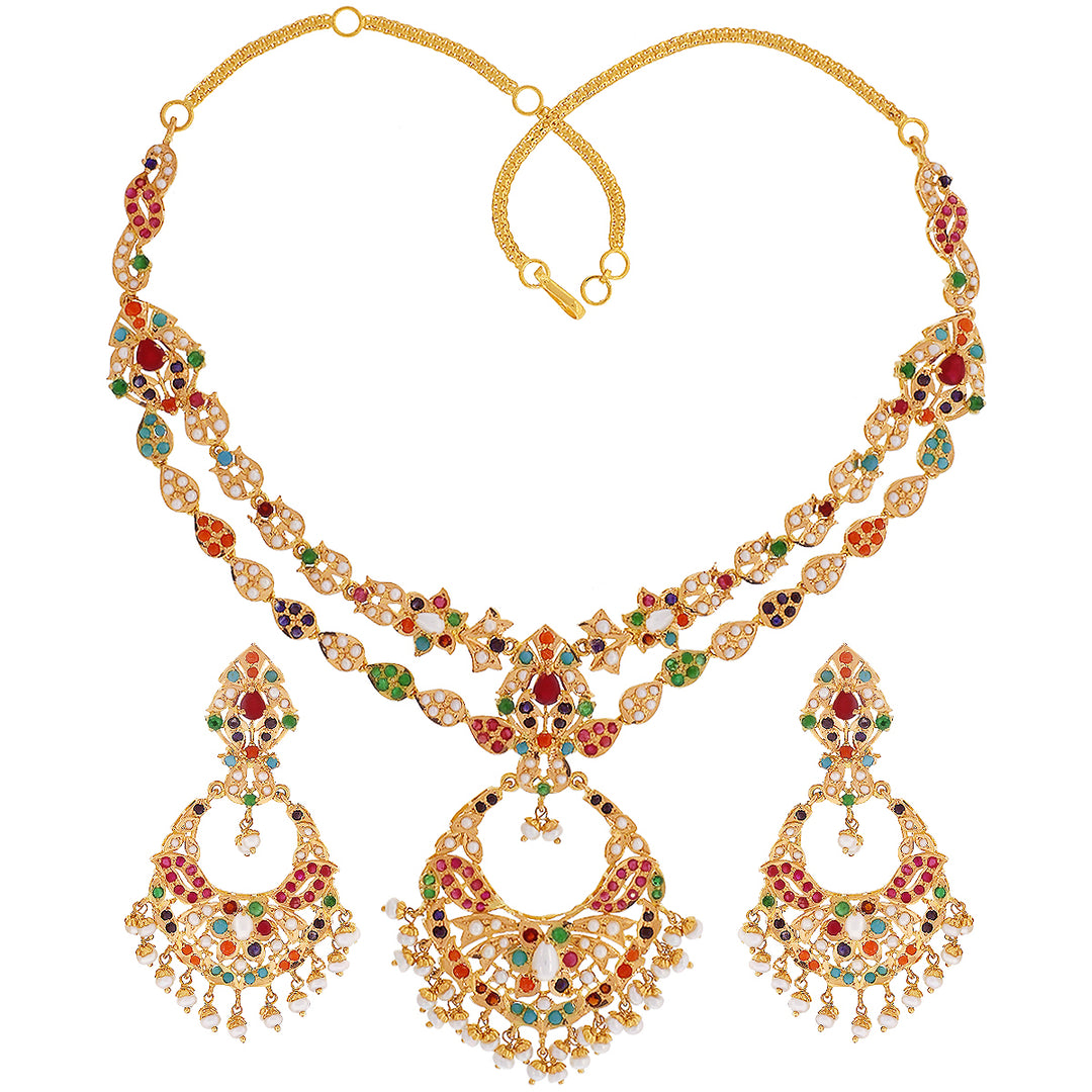 Gorgeous Necklace set With Navratan & Gemstones in 22K Gold
