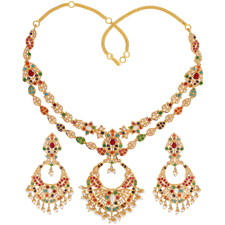 Gorgeous Necklace set With Navratan & Gemstones in 22K Gold