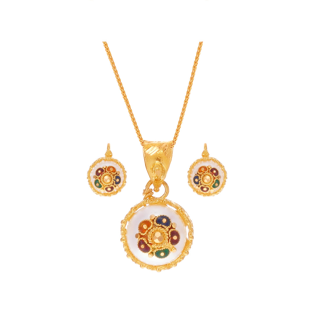 Intriguing Minakari Pendant Set With Pearl in 22K Gold