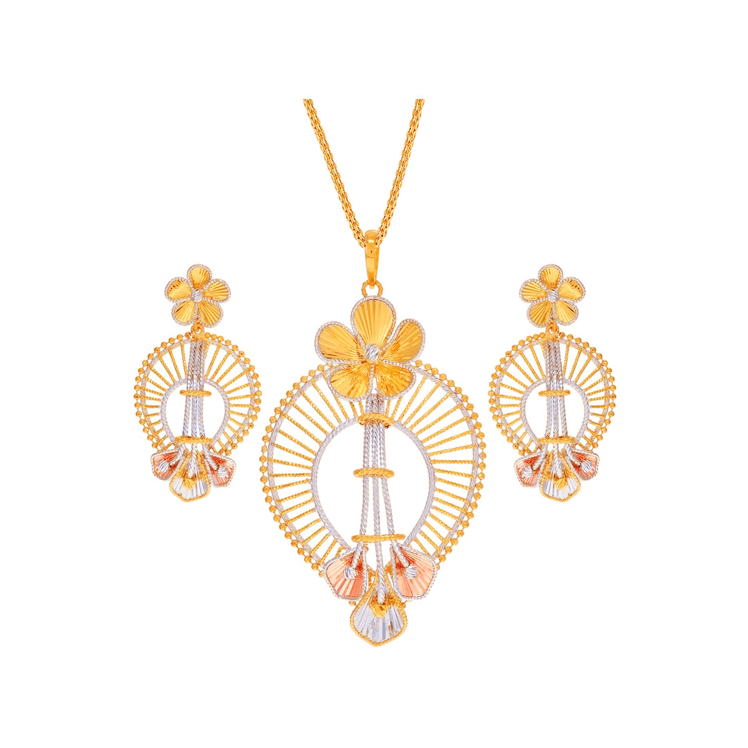 Opulent Floral Three tone Pendant Set in 22K Gold