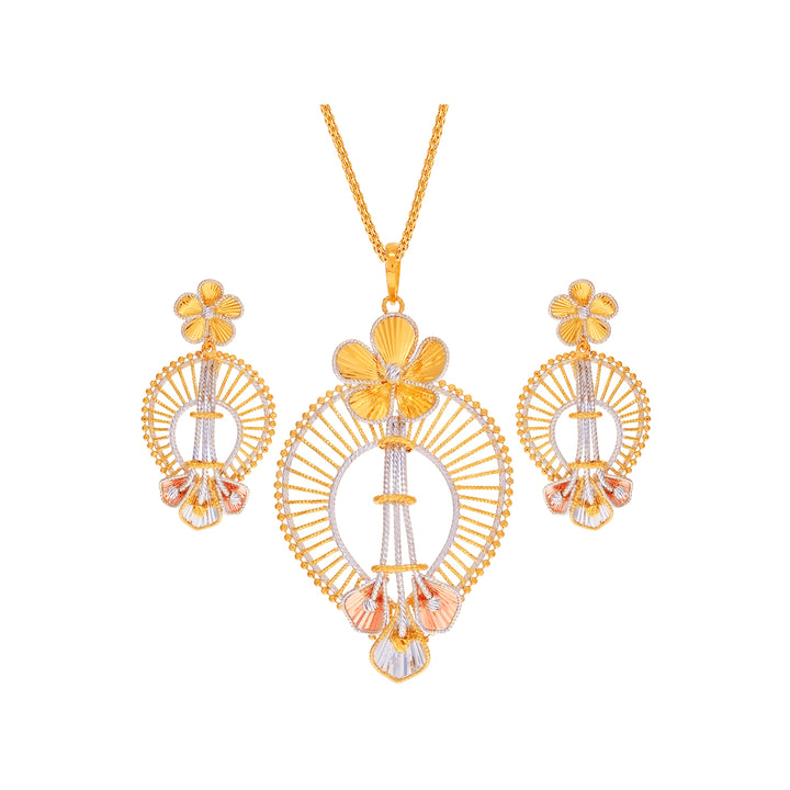Opulent Floral Three tone Pendant Set in 22K Gold