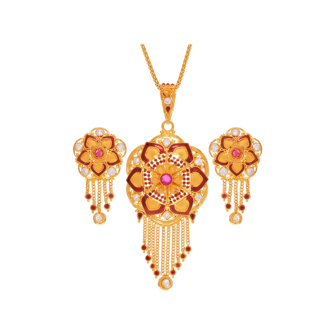 Intricate Minakari Pendant Set With CZ & Ruby in 22K Gold