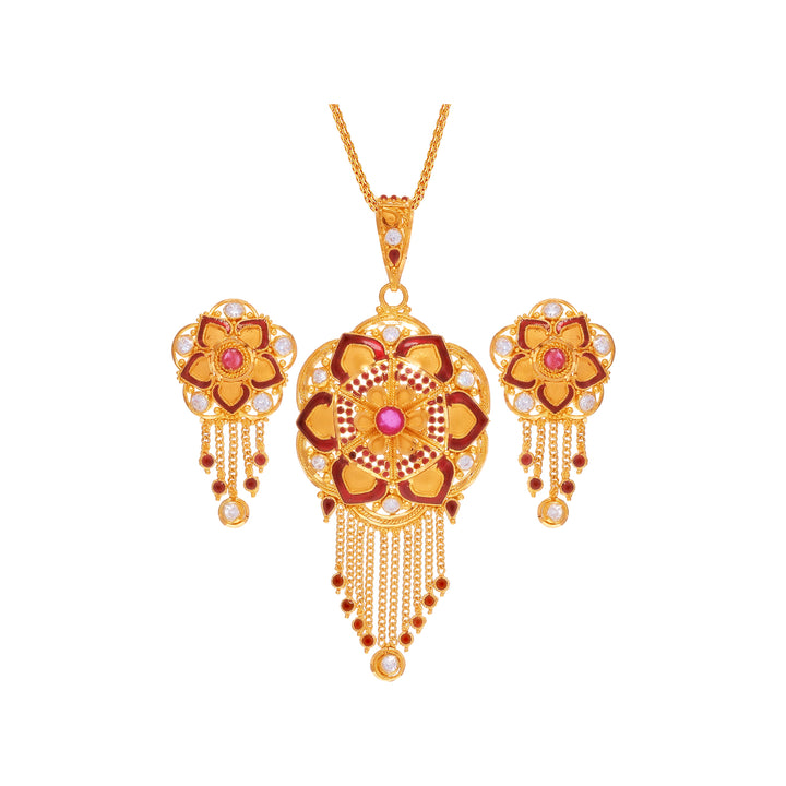 Intricate Minakari Pendant Set With CZ & Ruby in 22K Gold