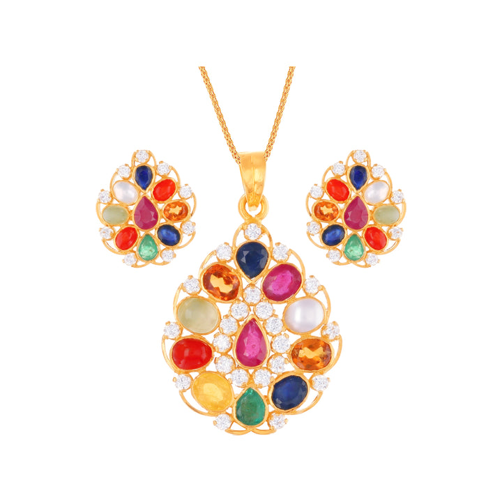 Fascinating Navratan Pendant Set With CZ in 22K Gold