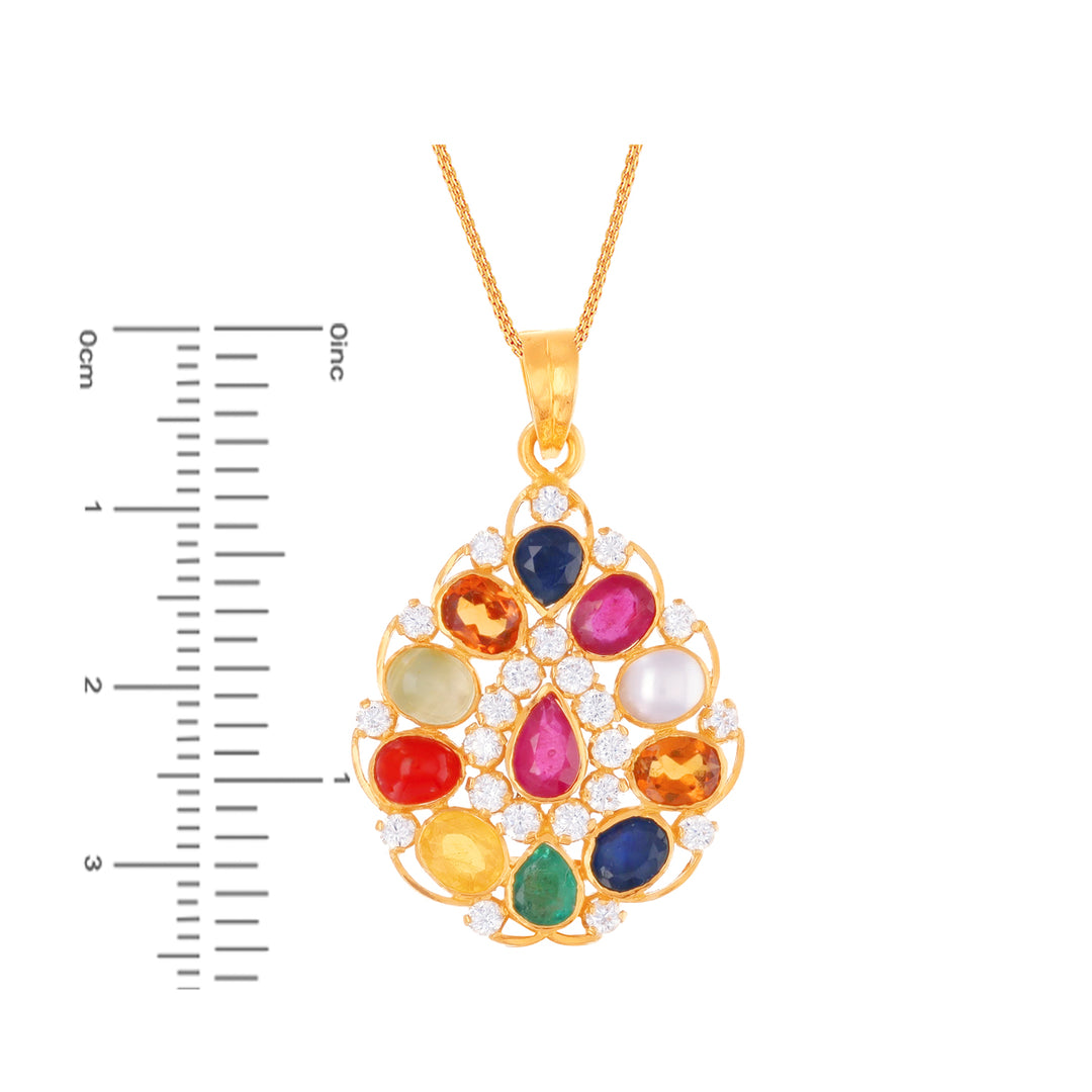 Fascinating Navratan Pendant Set With CZ in 22K Gold