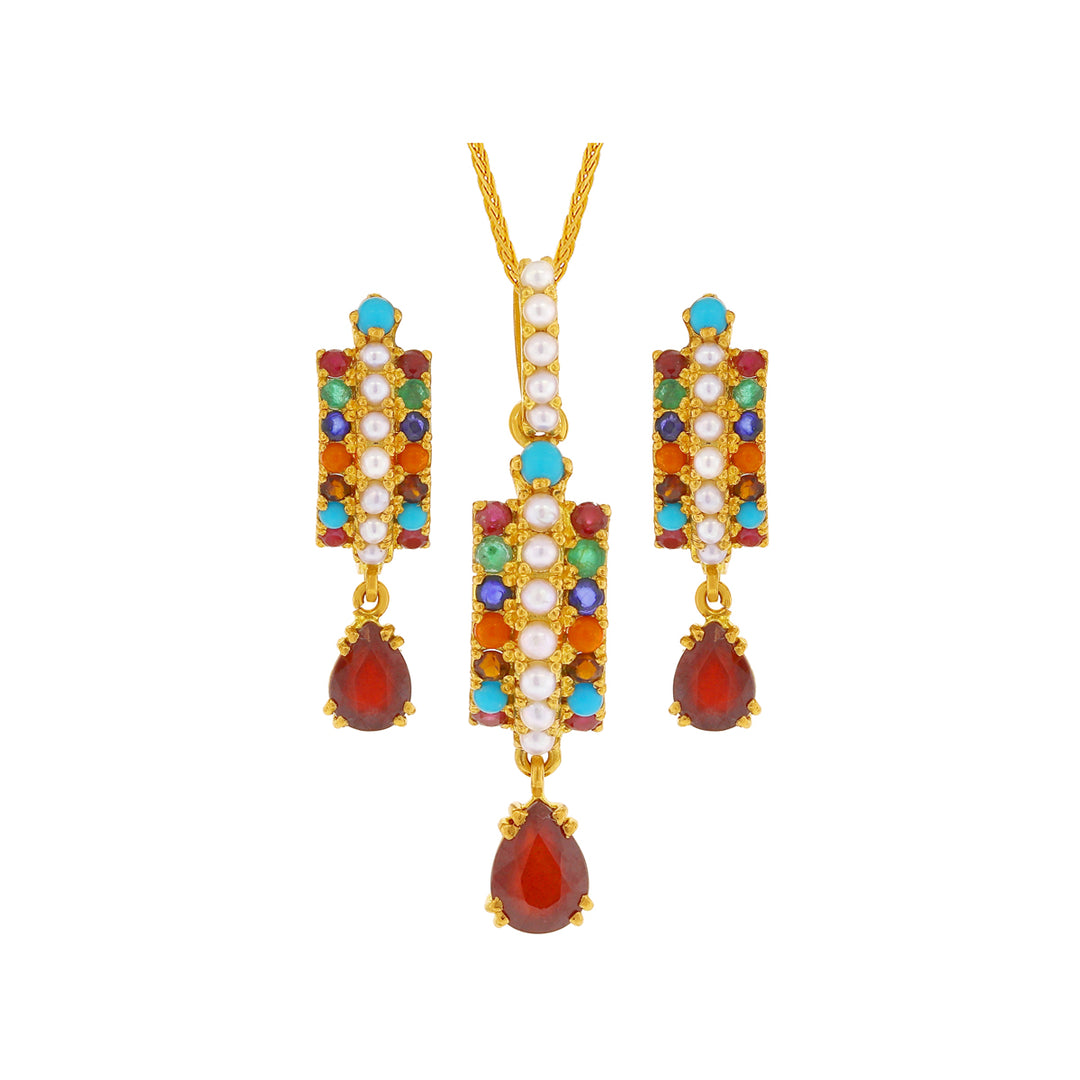 Magnificent Navratan Pendant Set in 22K Gold