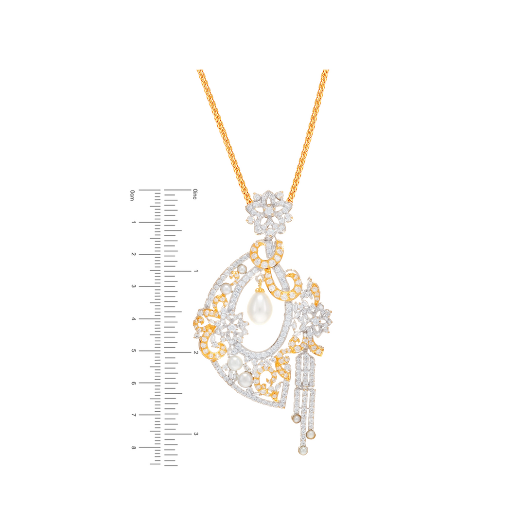 Attractive Two tone Pendant Set With Pearl & CZ in 21K White Gold