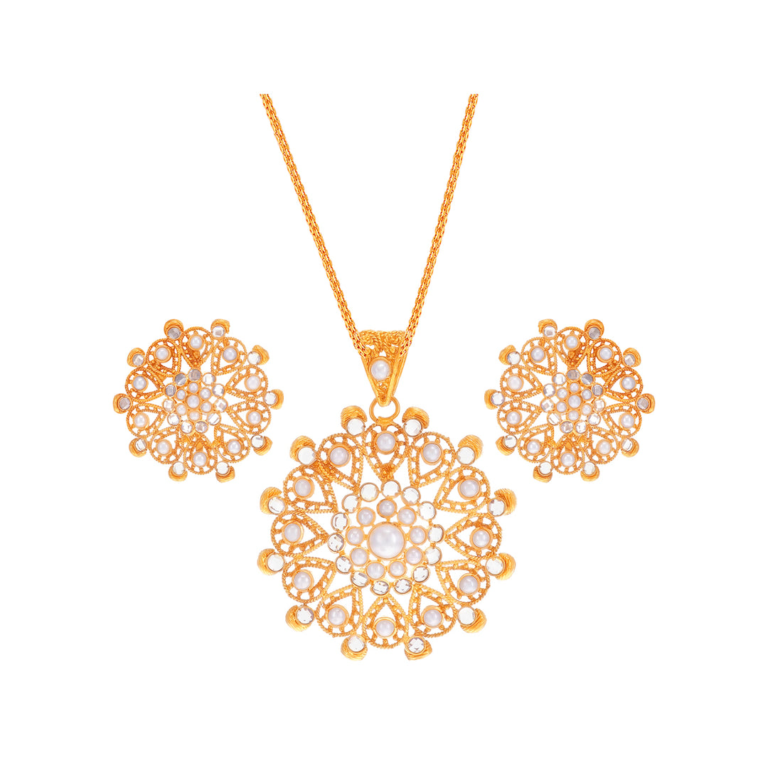 Artistic Antique Pendant Set With Pearl & Polki in 22K Gold