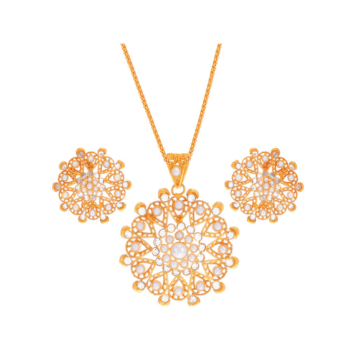 Artistic Antique Pendant Set With Pearl & Polki in 22K Gold