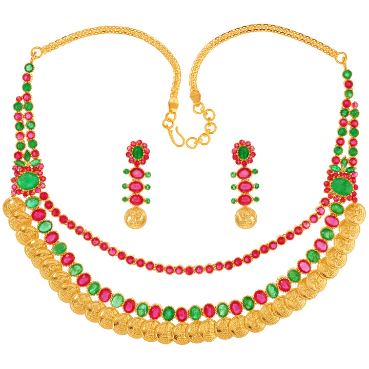 Captivating Laxmi Coin Necklace Set With Ruby & Emerald in 22K Gold