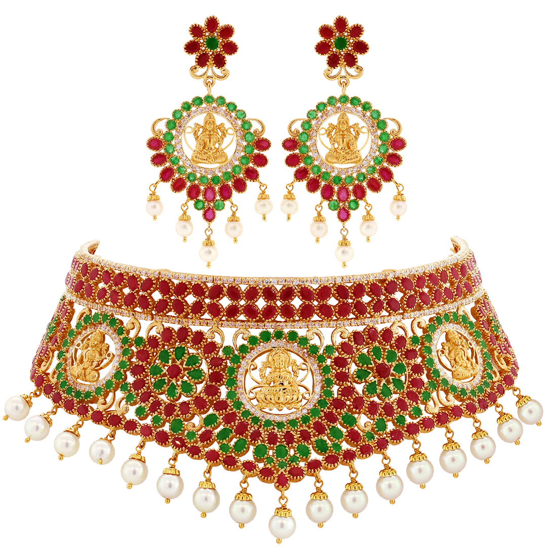 Graceful Laxmi Choker Set with Gemstones in 22K Gold