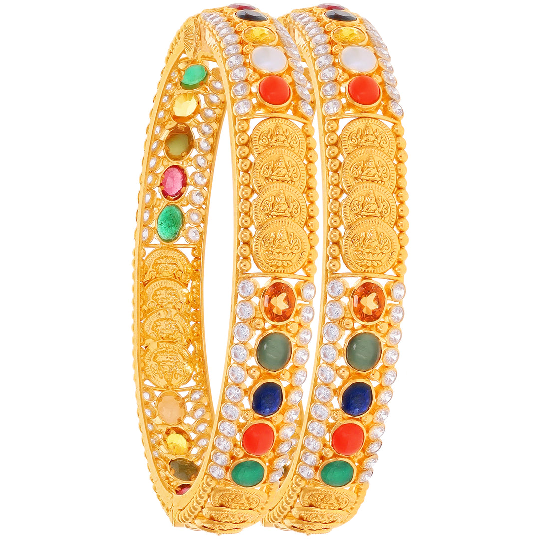 Exquisite Antique Laxmi 2pcs Bangles With Navratan in 22K Gold