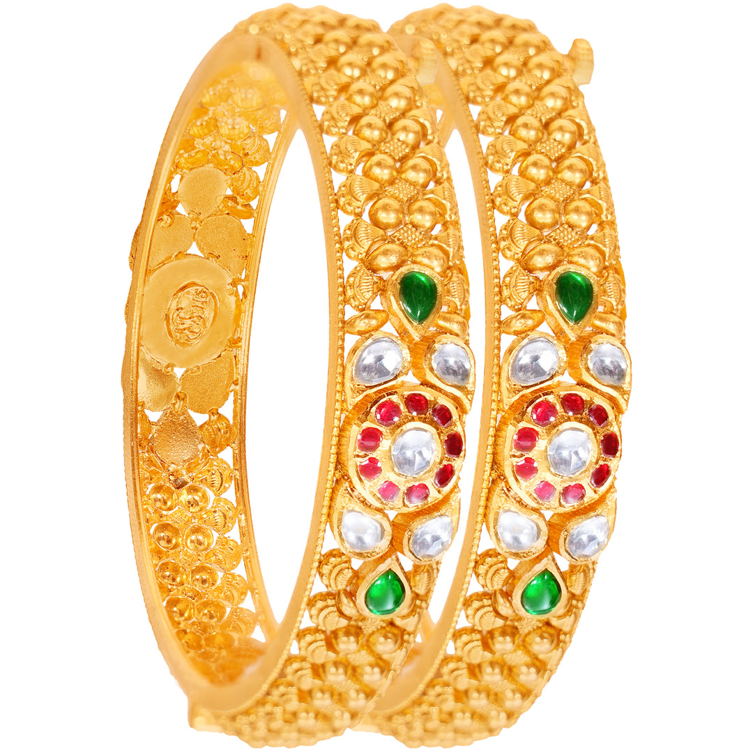 Artistic Antique Openable 2pc Kara With Kundan & Gemstones in 22K Gold