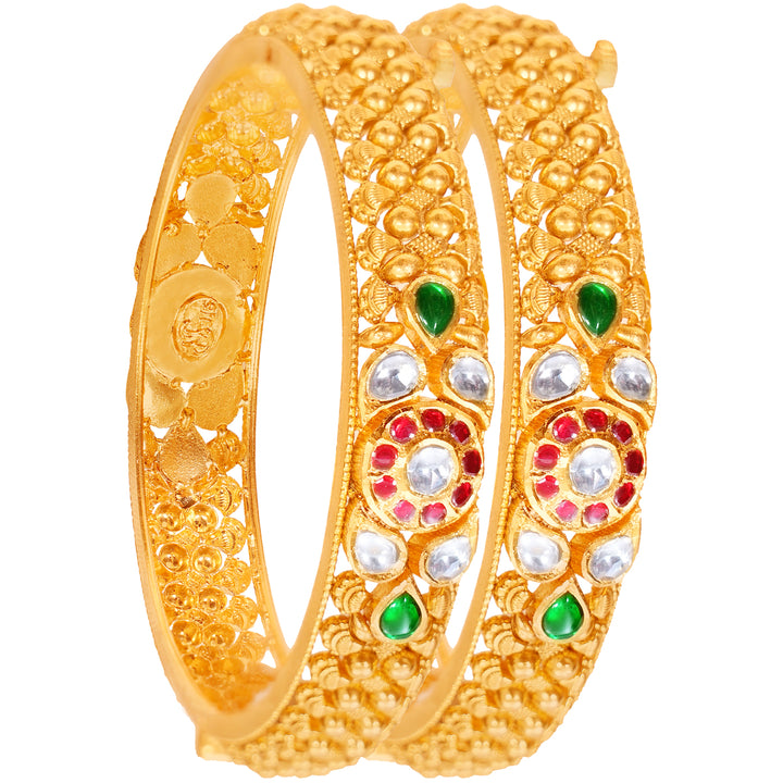 Artistic Antique Openable 2pc Kara With Kundan & Gemstones in 22K Gold