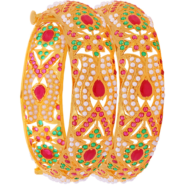 Glamorous 2Pcs Kara With Ruby Emerald & Pearl in 22K Gold