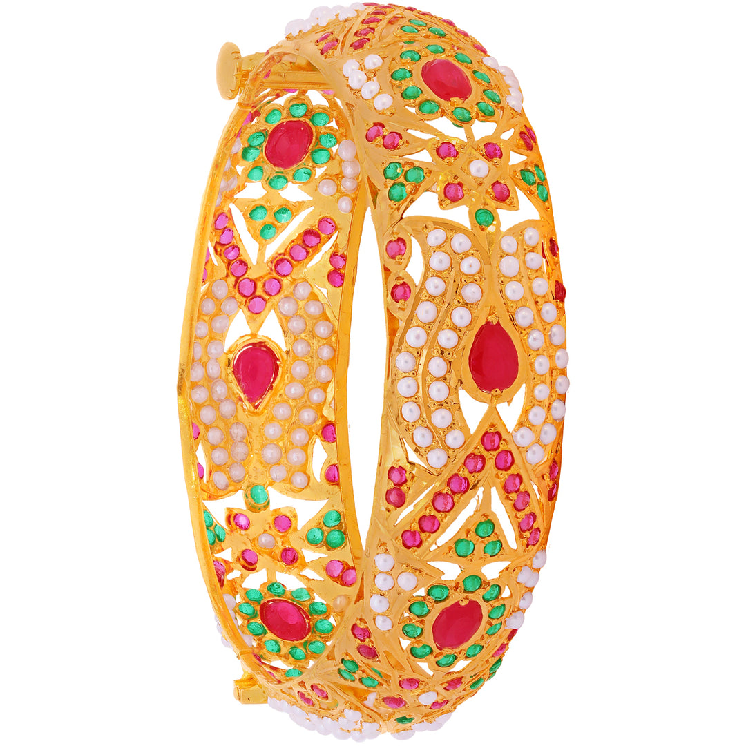 Glamorous 2Pcs Kara With Ruby Emerald & Pearl in 22K Gold