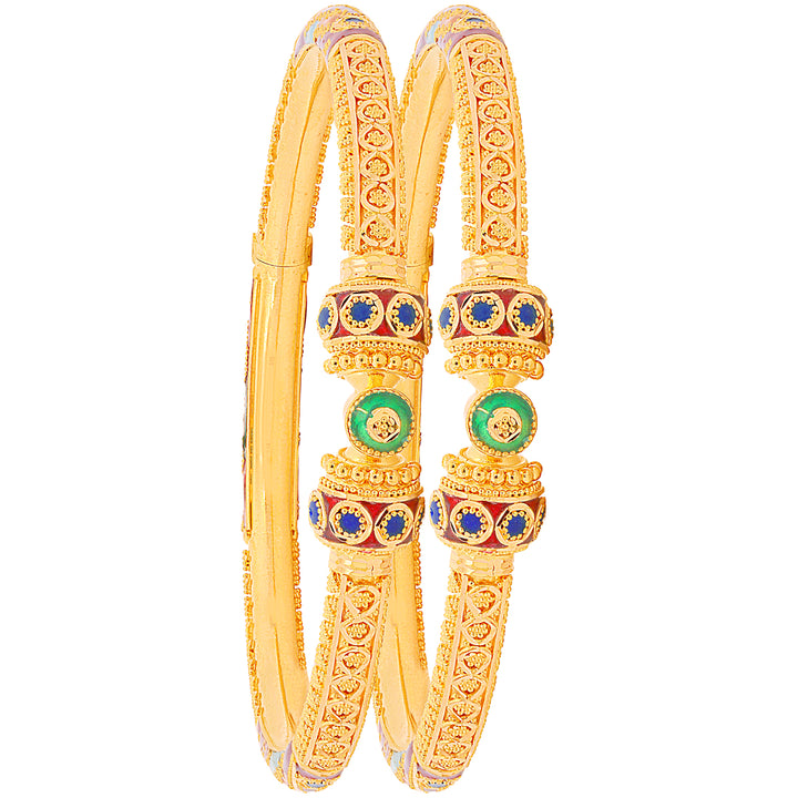 Brilliant Minakari Pipe Openable 2pcs Kara in 22K Gold