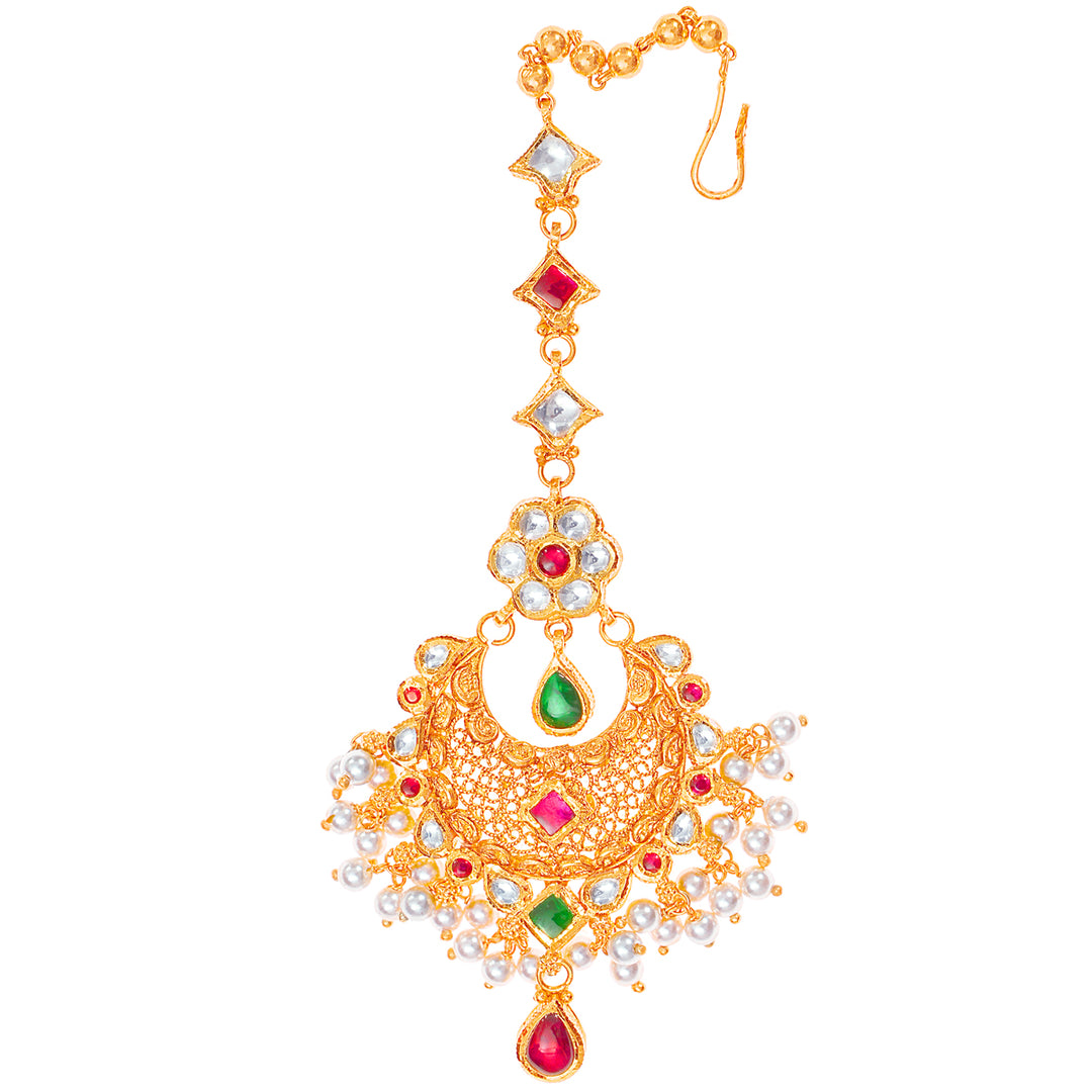 Ravishing Antique Maang Tikka With Kundan & Gemstones in 22K Gold