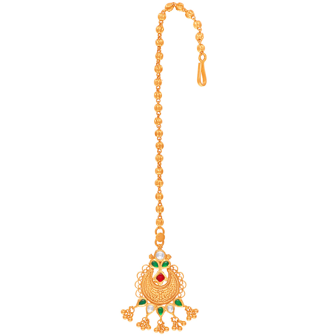 Brilliant Antique Maang Tikka With Kundan & Gemstones in 22K Gold