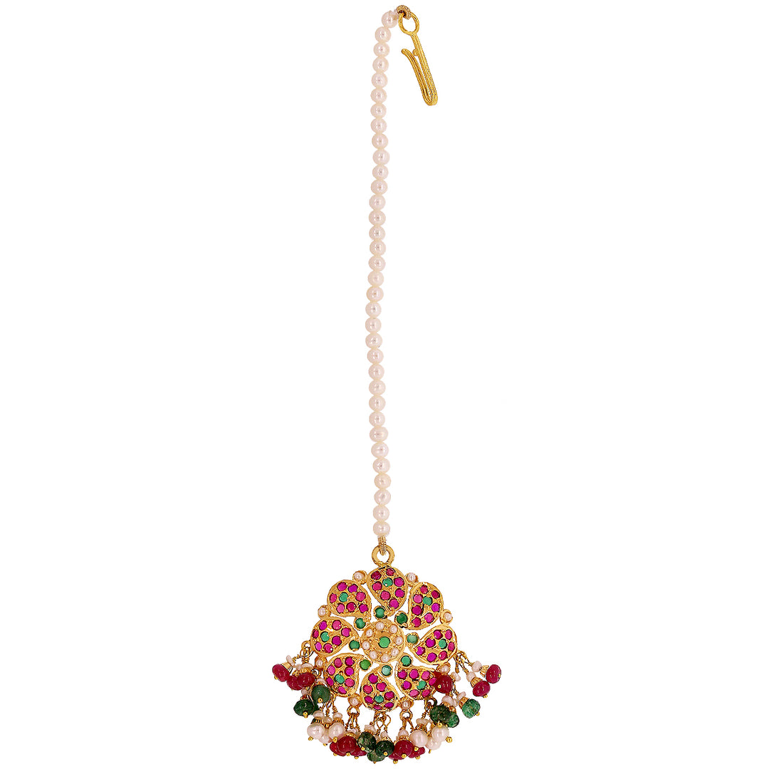 Classic Maang Tikka with Ruby Emerald & Pearl in 22K Gold