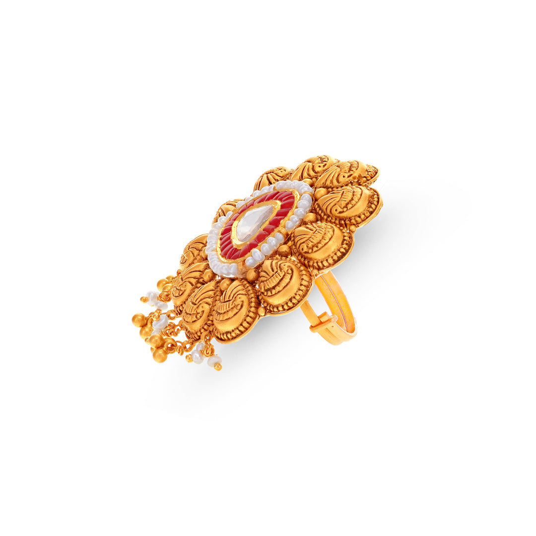 Ornamental Antique Adjustable Ring With Kundan Pearl & Ruby in 22K Gold