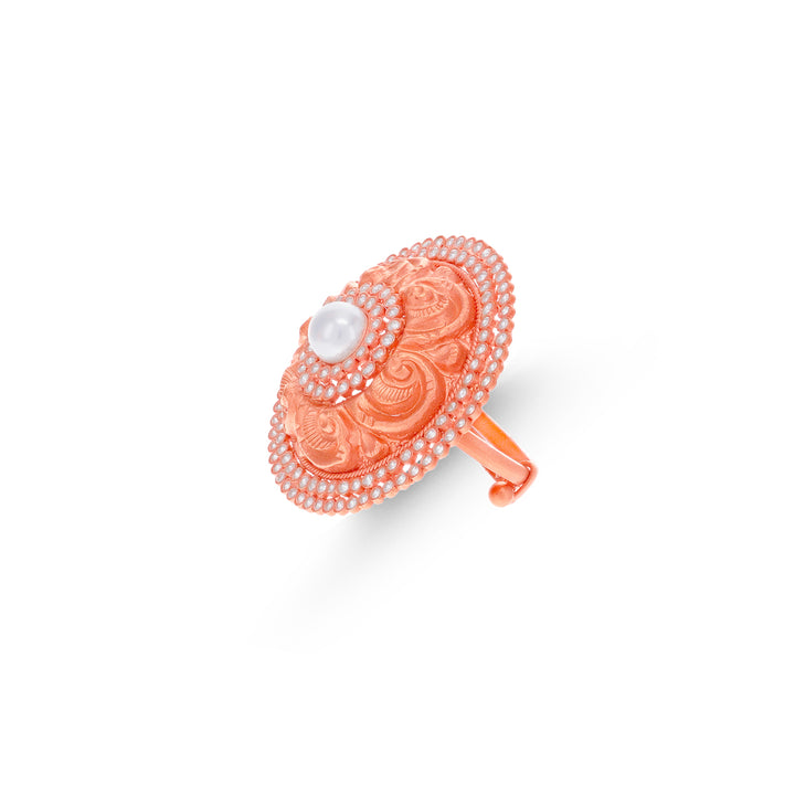 Exquisite Antique Adjustable Ring With White Polki & Pearl in 22K Rose Gold