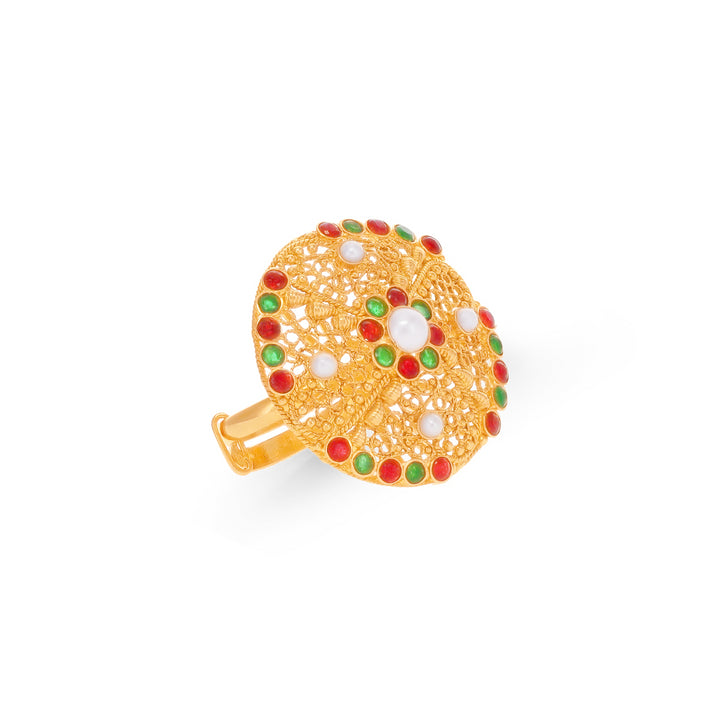 Ornamental Antique Ring With Ruby Emerald & Pearl in 22K Gold